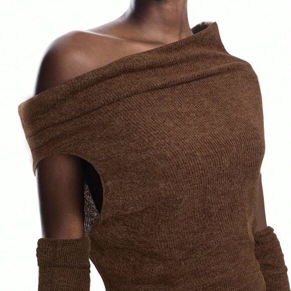 Brown Elegant Women's Asymmetrical Knitted Maxi Drape Dress - Picture 6 of 6